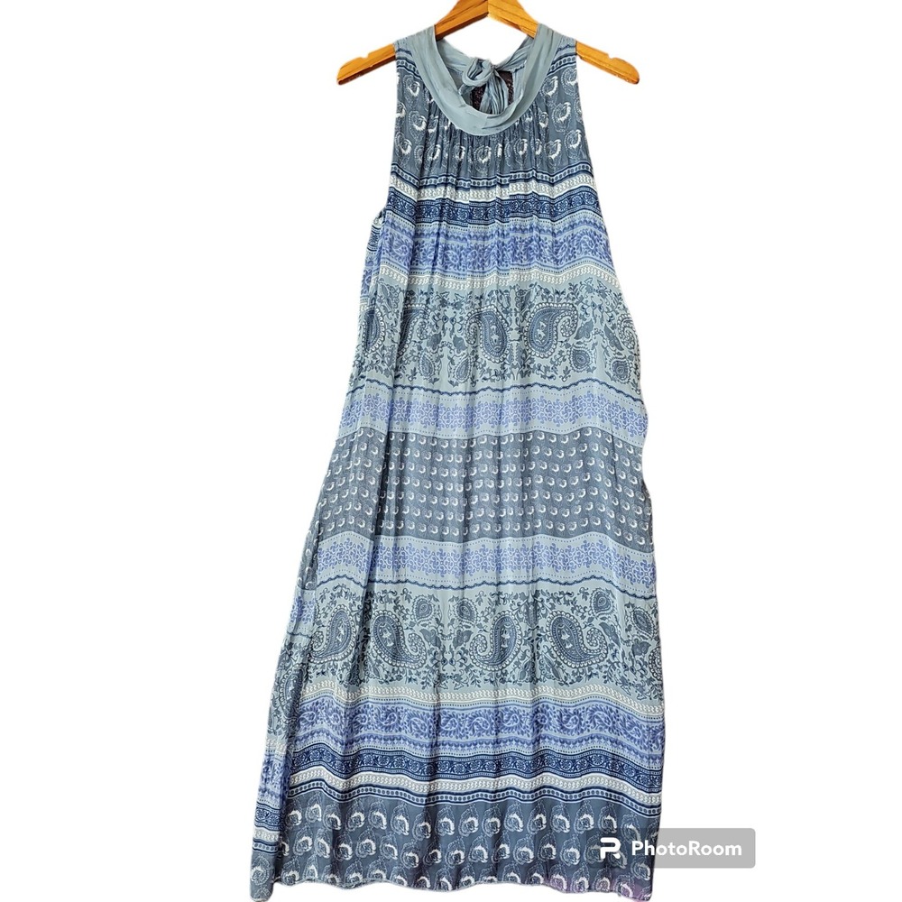 SCANDAL ITALY Blue Paisley‎ Chiffon Overlay Sleeveless Round Neck Maxi Dress S/M